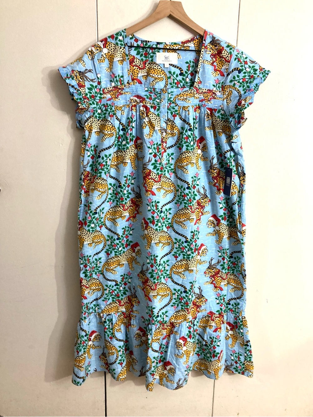 Printfresh Bagheera Pintuck Cotton Nightgown In Blue & Leopard Print /Size L